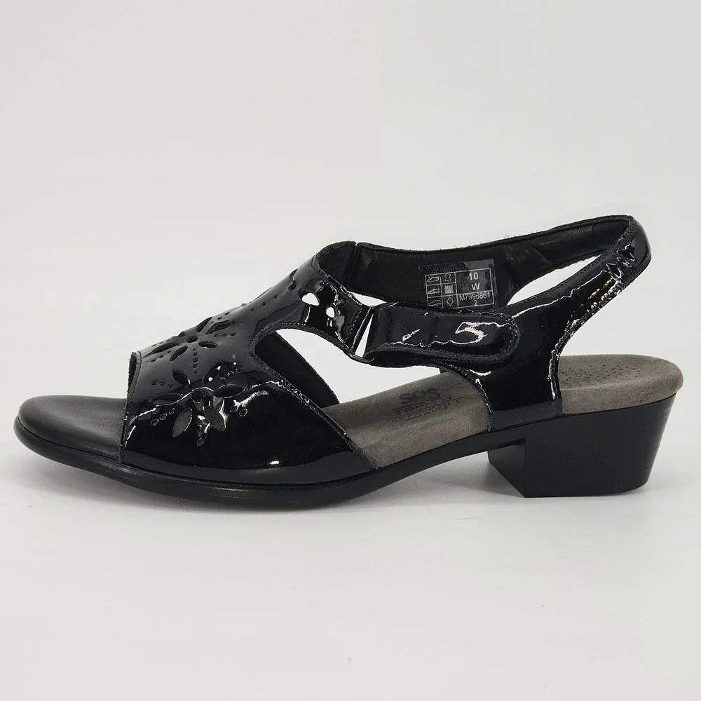 SAS Sunburst Tripad‎ Comfort Black Patent Leather Cutout Sandal Low Heel 10 W